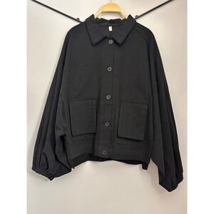 AmeliaYL Black Oversized Lantern Sleeve Button Front Jacket Korean Design Womens